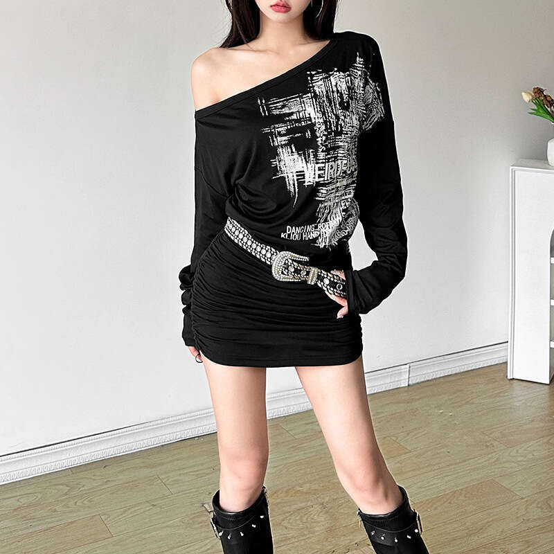 2024 Autumn New Women's Solid Color Slim Street Style Fashion Asymmetrical Neck Long Sleeve Printed Dress dd9