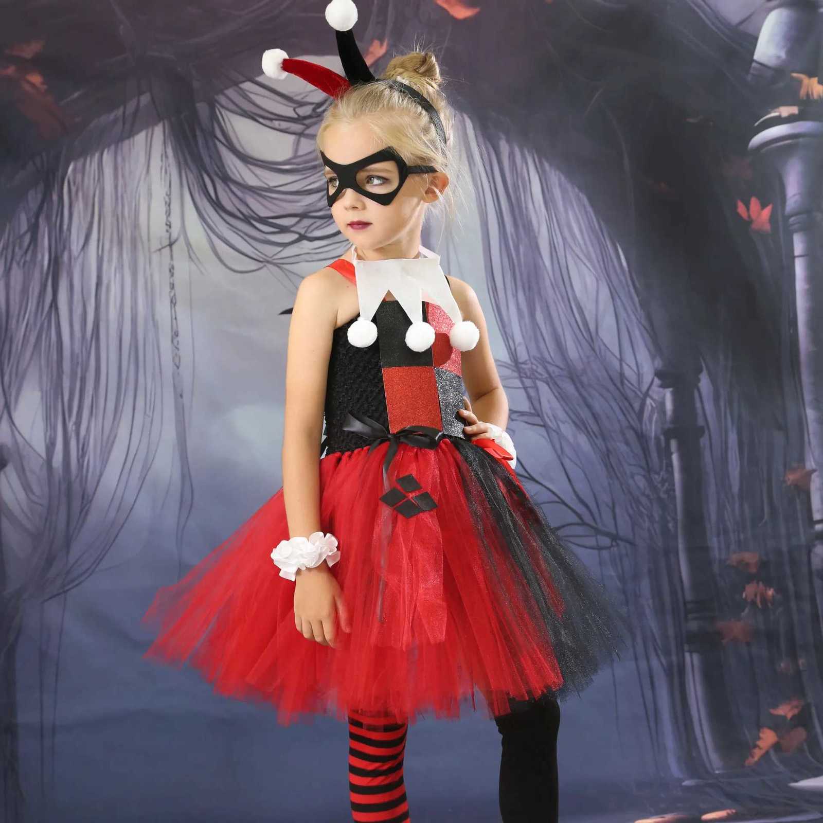 2024 Girls Clown Joker Costume Kids Cruella De Vil Fancy Dress Birthday Children Tutu Dress Halloween Villain Fantasy Cosplay Z250725