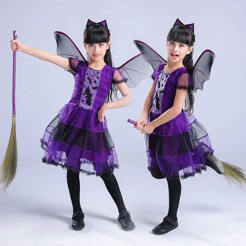Baby Girls Purple Bat Dress Kids Cosplay Vampire Demon Costume with Wing Headwear Halloween Carnivat Witch Role Play Clothes Z250725