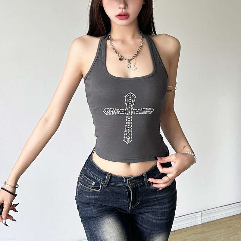 Women's Fashion 2024 Summer New Fashionable Sexy Solid Color Halter Neck Slim Fit Crop Top Vest for Women f36
