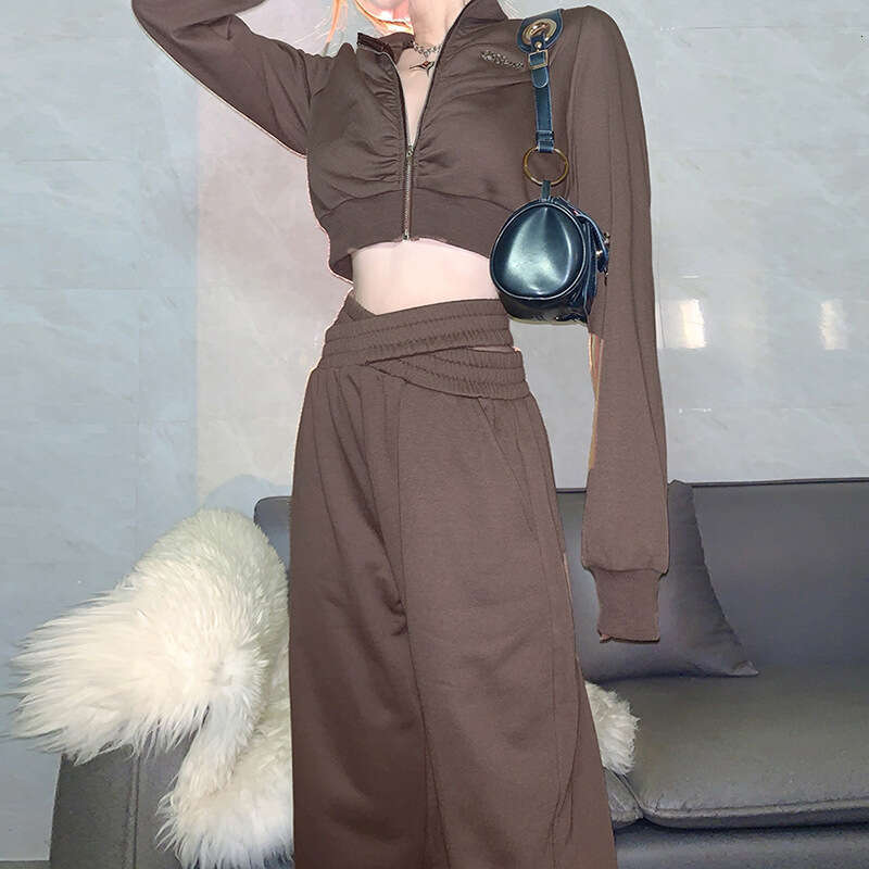 2021 Autumn New Women's Fashion Crop Top Zipper Jacket High Waist Casual Straight Pants Set 716