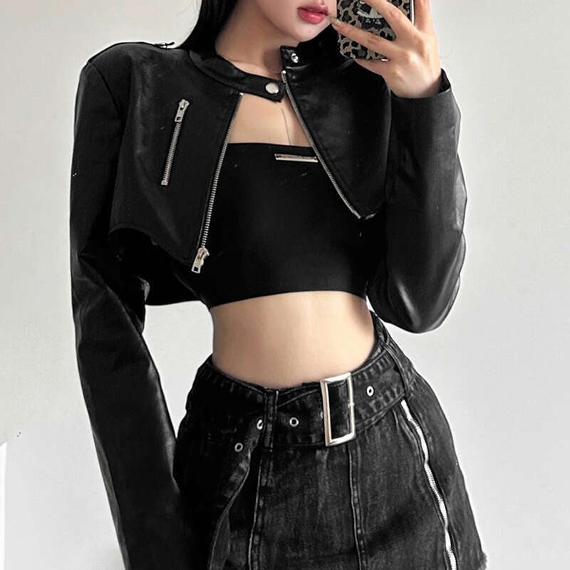 2023 Summer New Women's Solid Color Slim Street Fashion Round Neck Zipper Long Sleeve Jacket b8f