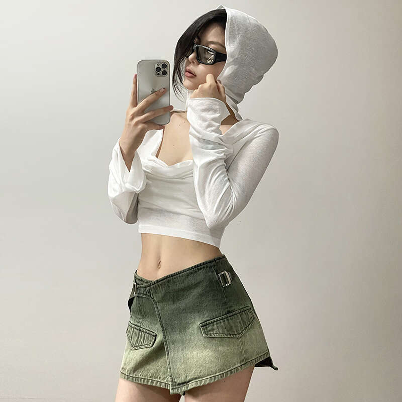 2023 Spring New Women's Solid Color Slim Fit Crop Top Fashion V-neck Hooded Long Sleeve Sun Protection Shirt 7bf