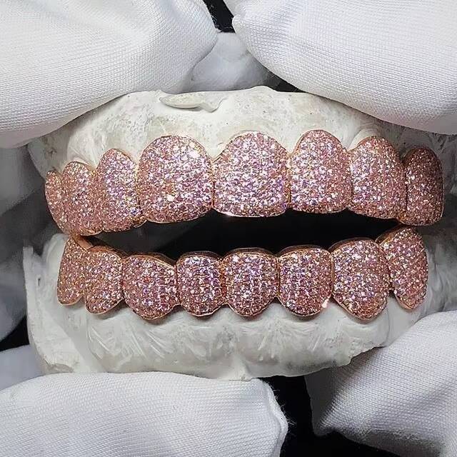Top Quality Grillz GRA Certified 14k Gold VVS Moissanite Round Cut Pink Diamond Grillz Hip Hop Iced Out Teeth Grillz for Men