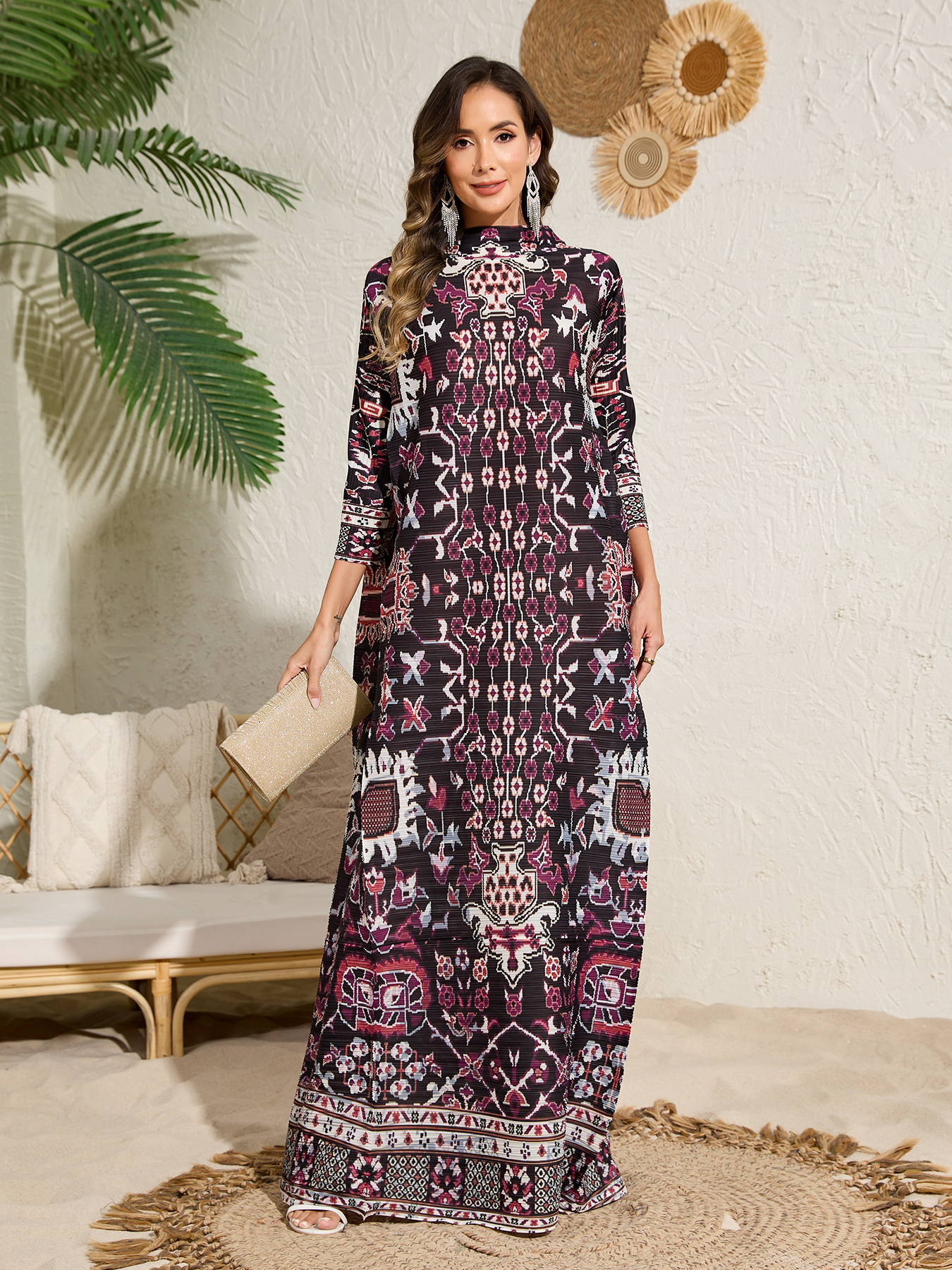 Ethnic Clothing Ladies' dress Ladies' elegant, loose and printed long-sleeved dress in Arab style NZ010