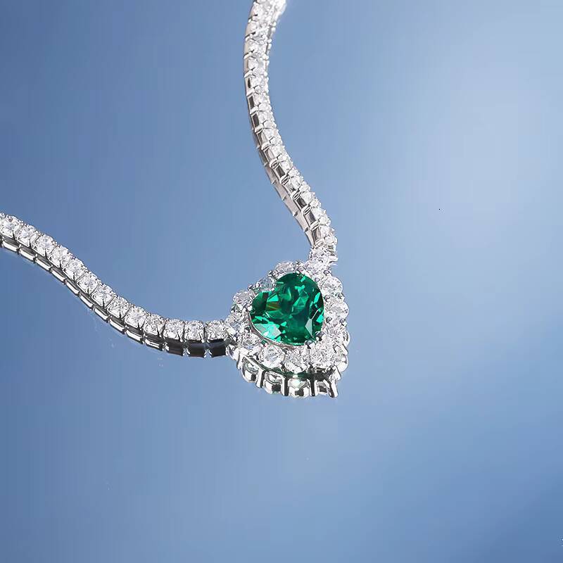 Luxury 925 Sterling Silver Ice Out Diamond Tennis Chain Shinny Zircon Big Ruby Emerald Heart Charm Wedding Necklace