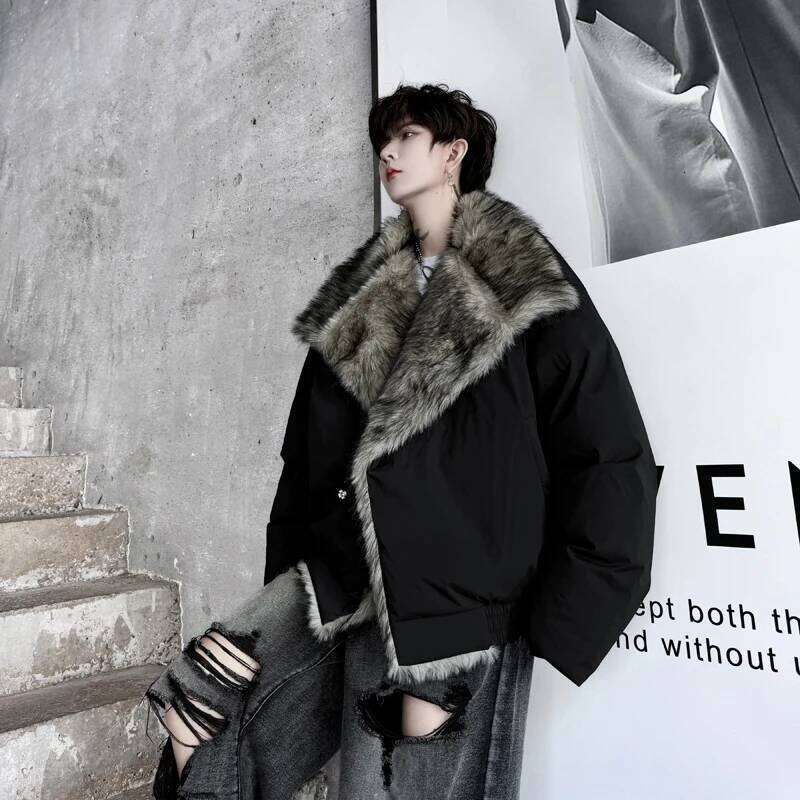 2025 Winter Clothing Male Chic Big Collar High-End Padded Cotton Jacket Faux Fur Trendy Thickened Loose Jackets