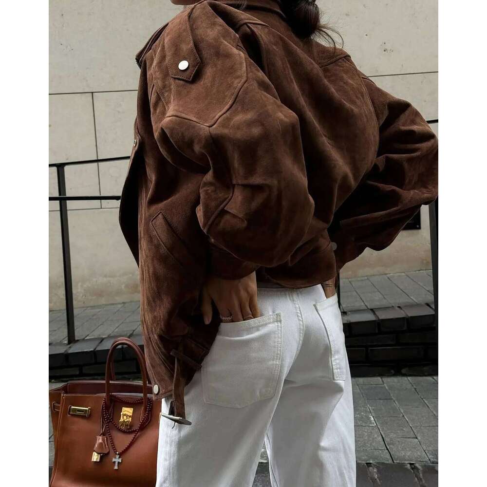 European And American Brown Lapel Irregular Short Loose Jacket Retro Maillard Fashion Casual Top