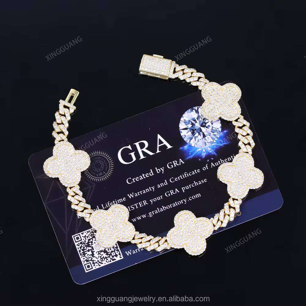 Hip Hop Jewelry Gold Plated Sterling Sier VVS Moissanite Clover Bracelet with GRA Certificate
