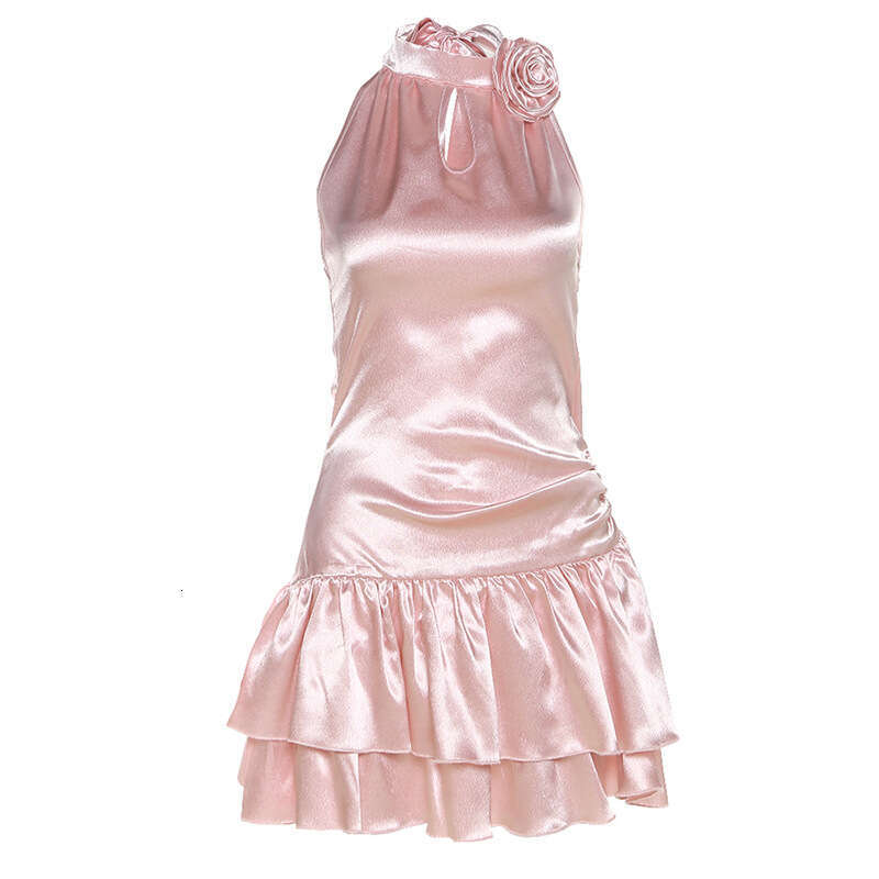 2023 Summer New Women's Solid Color Sexy Sleeveless Halter Neck High Waist Ruffle Dress 9f5