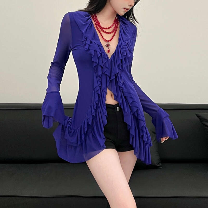 INS Style 2024 Autumn New Women's Solid Color Slim Street Fashion V-Neck Long Sleeve Sheer Top a1d