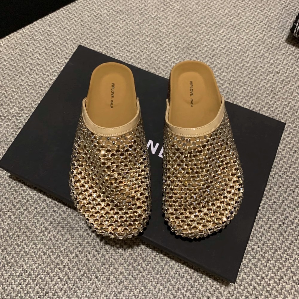 French Style Rhinestone Thick-Soled Closed-Toe Mules for Women Summer 2025 New Korean Version Slip-On Flat Sandals ddmythur