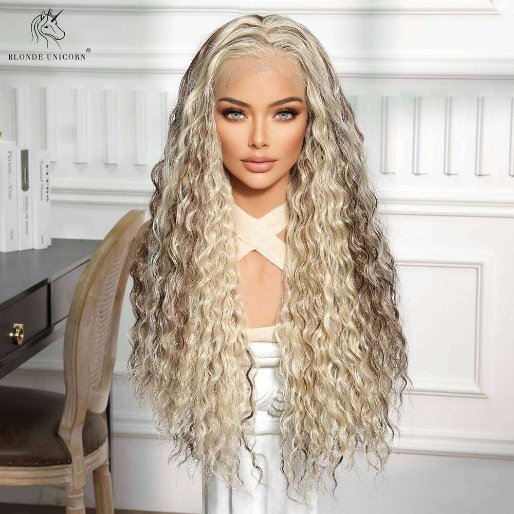 BLONDE UNICORN Women Curly Wave Lace Front Ombre Dark to Blonde Hair Wig Party Cosplay Heat Resistant Daily Natural