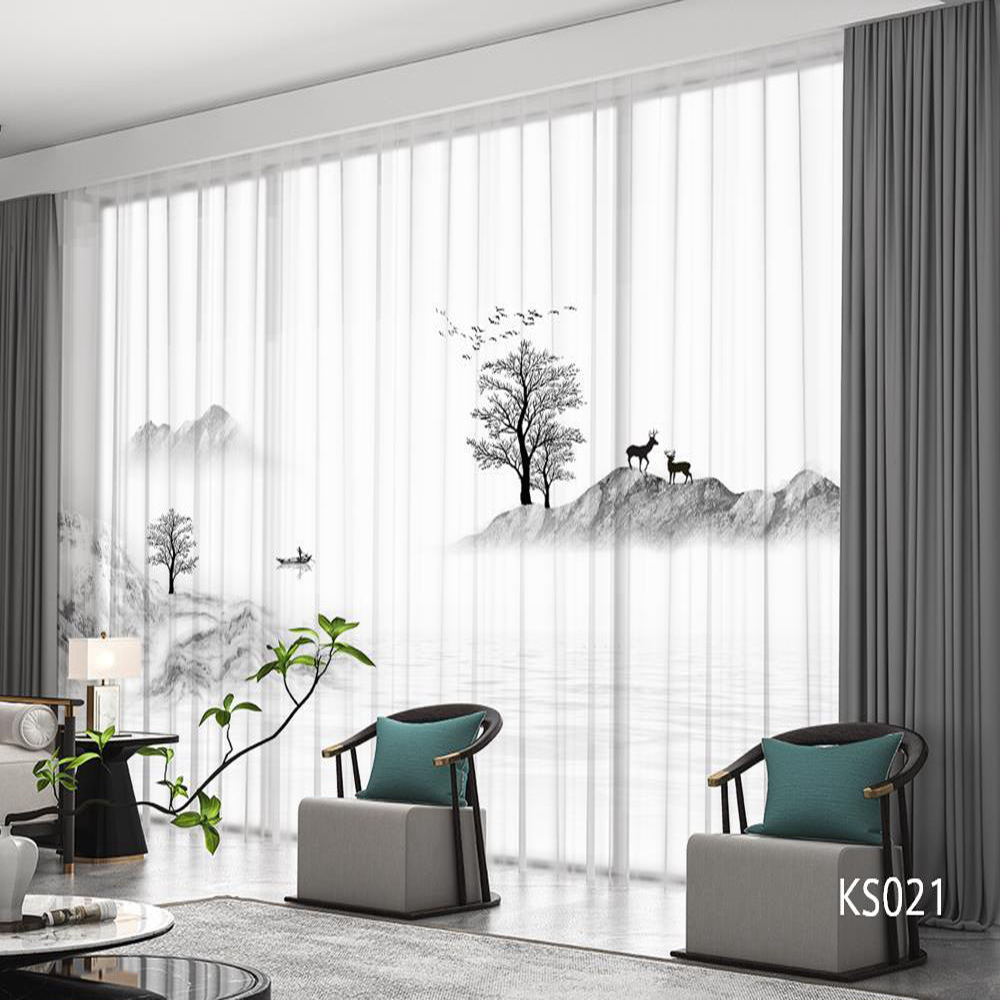 YL-36679 modern new Chinese style ink landscape painting scenery living room study high-end bedroom famous curtain Zen gauze curtain