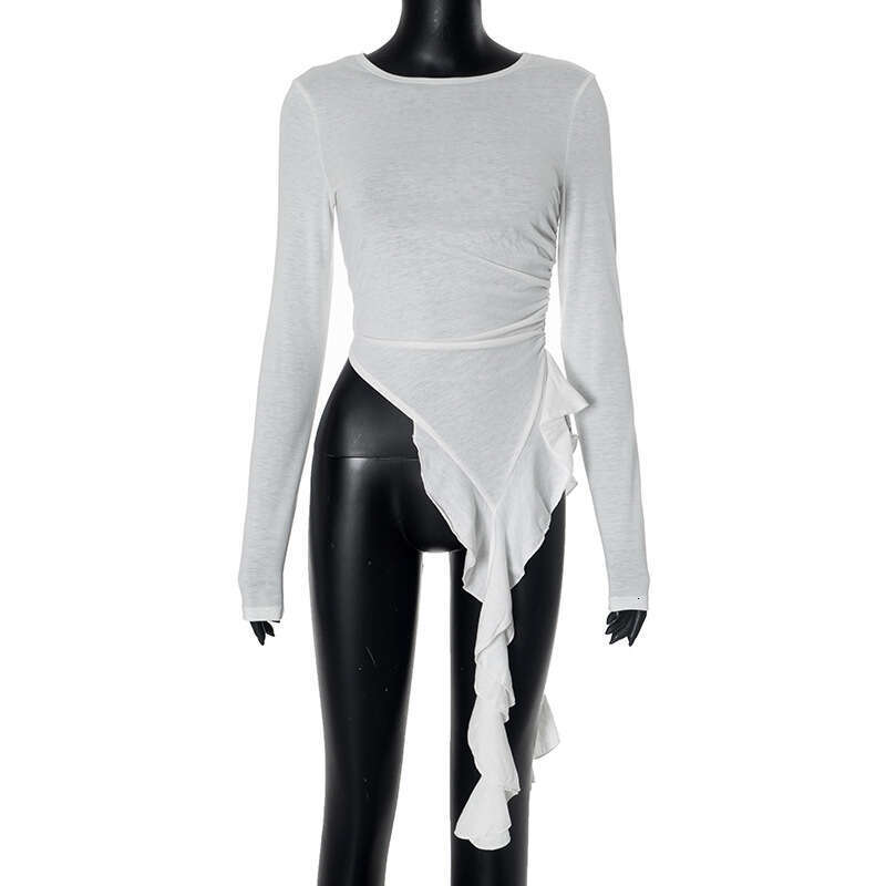 Gtp6 Women's Autumn New Solid Color Round Neck Ruffled Long Sleeve T-Shirt Top B5
