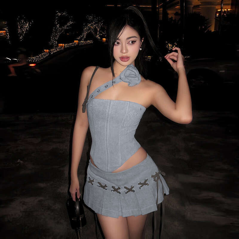 2024 Spring New Women's Solid Color Slim Fit Camisole Sexy Low Waist Pleated Short Skirt b27