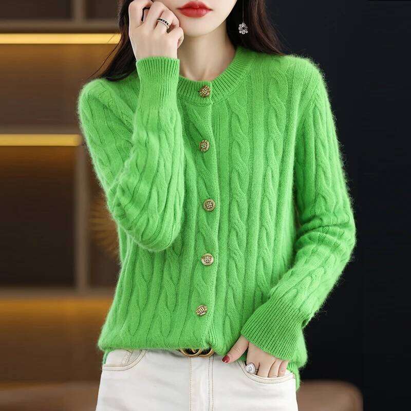 100% Mink Cashmere Cardigan Sweater Women's Knitted O-Neck Long Sleeve Top Casual Loose Fitting Clothing Korean Fashion Pullover MDNG