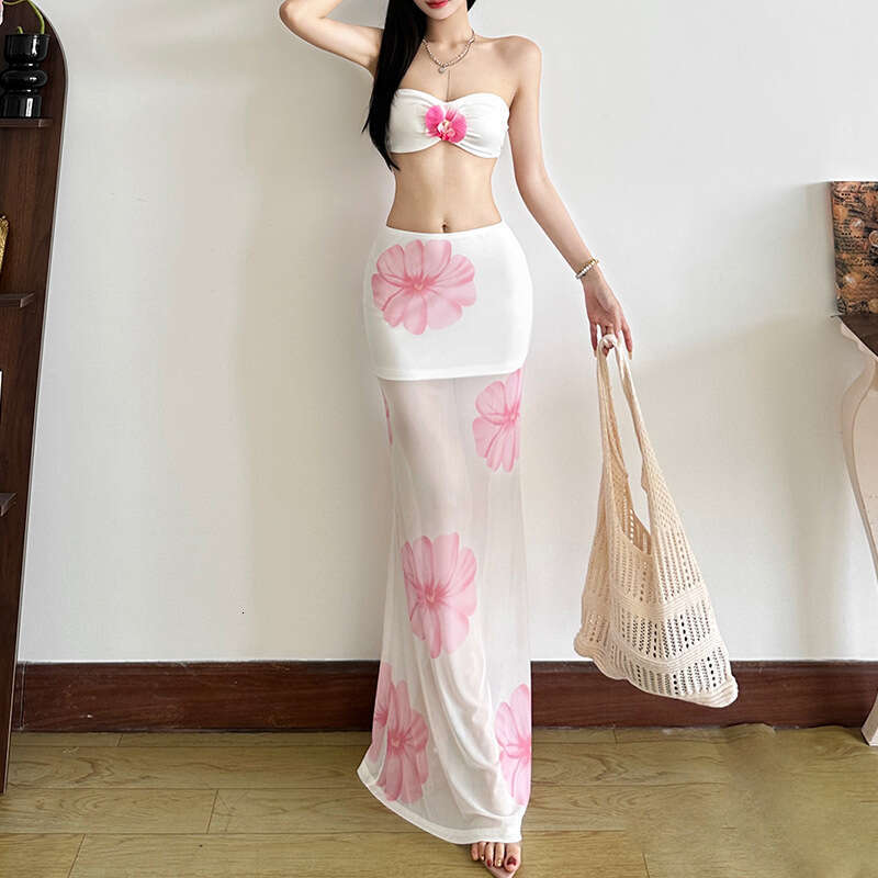 2025 Summer New Fashion Sexy Strapless High Waist Mesh Printed Skirt Set 3db