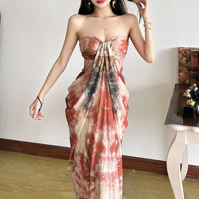 2025 Spring Summer New Slim Fit French Tie-Dye Elegant Off-Shoulder High-End Strapless Long Dress for Women 674