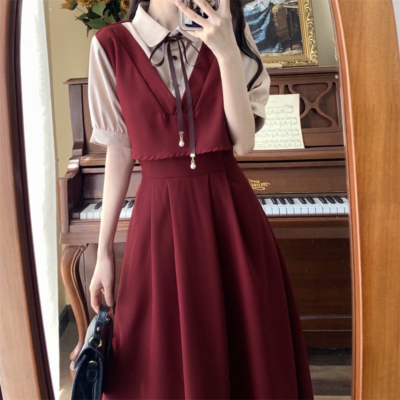 DR150 French style age-reducing belly-covering retro square-neck over-the-knee long skirt