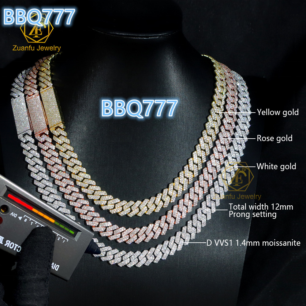 VVS Cuban Chains Moissanite 925 Sterling Silver 8mm-20mm Width Soild 925 Silver Iced Moissanite Necklace for Men