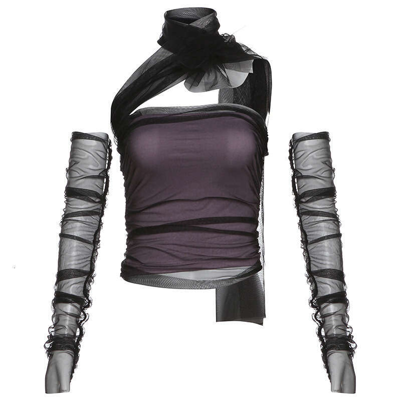 2024 Spring New Fashion Mesh Sleeve Set Silk Scarf Tie Strap Tube Top Backless Vest bf6