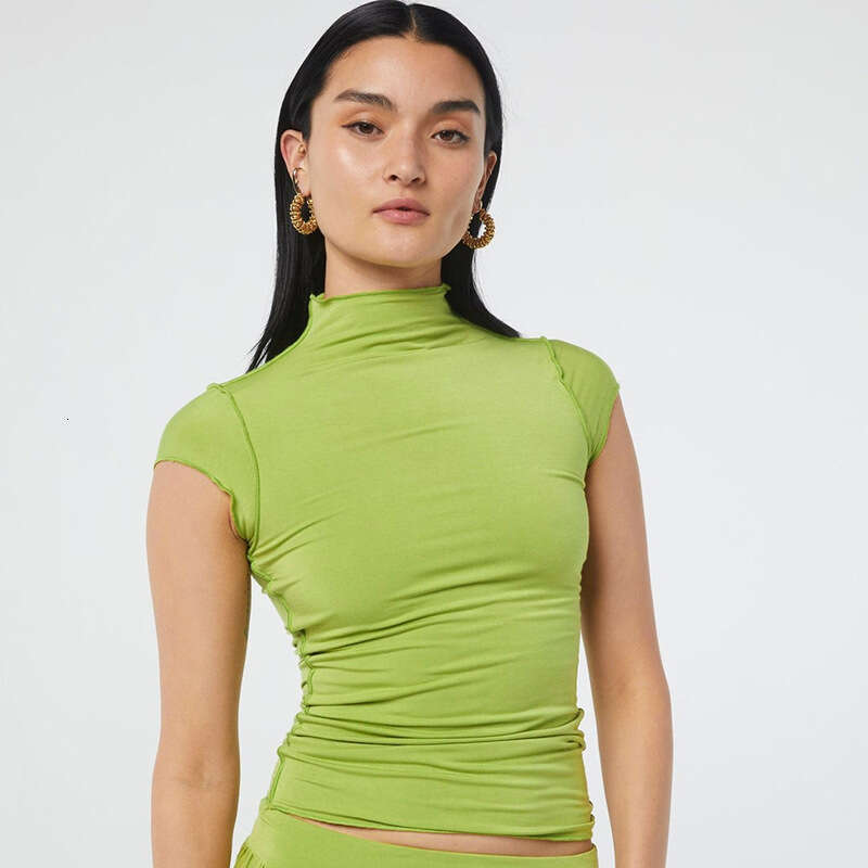 Qtp013 Women's Summer New Solid Color Half High Neck Sleeveless Crop Top Ruffled Vest T-Shirt B5