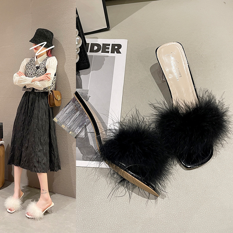 Ddmysports Summer New Chunky Heel Slippers For Women Square Open Toe Furry Fashion High Heels Outdoor Shoes