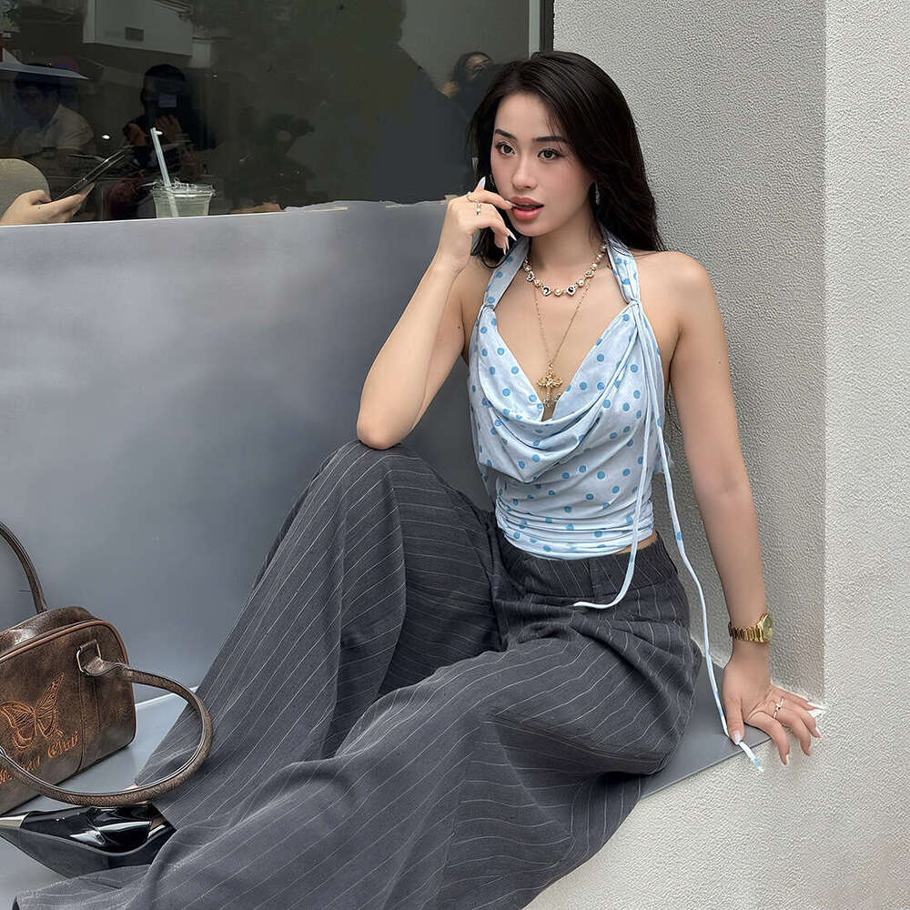 2025 Summer New Hot Girl Sexy Waist-Cinching Polka Dot Elegant Versatile Halter Neck Sleeveless Top Women's Fashion 00d