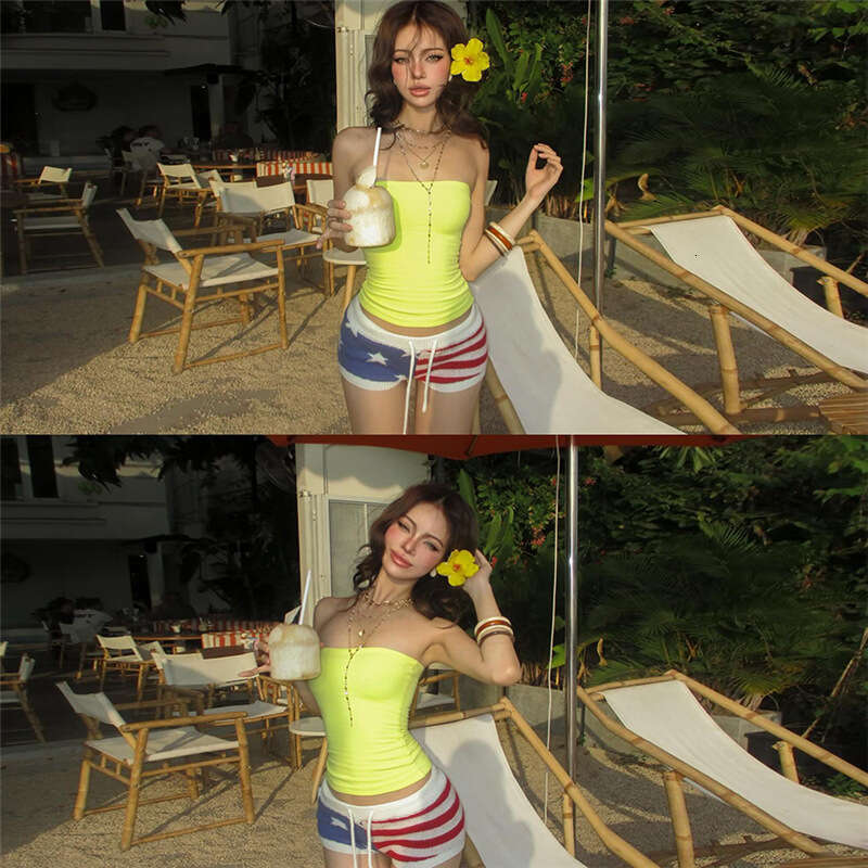 2025 Summer New Style Solid Color Slim Fit Tube Top Vest High Waist Tie Stripe Shorts Set for Women 045