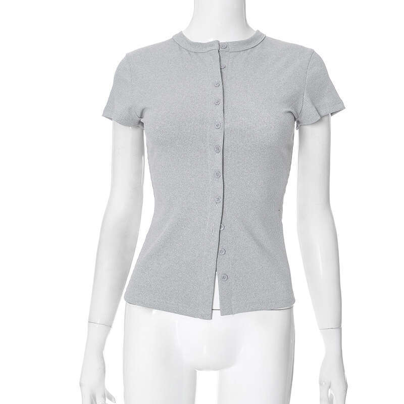 Y25tp017 Women's Spring And Summer New Solid Color Sexy Button Short Sleeve T-Shirt Top B5