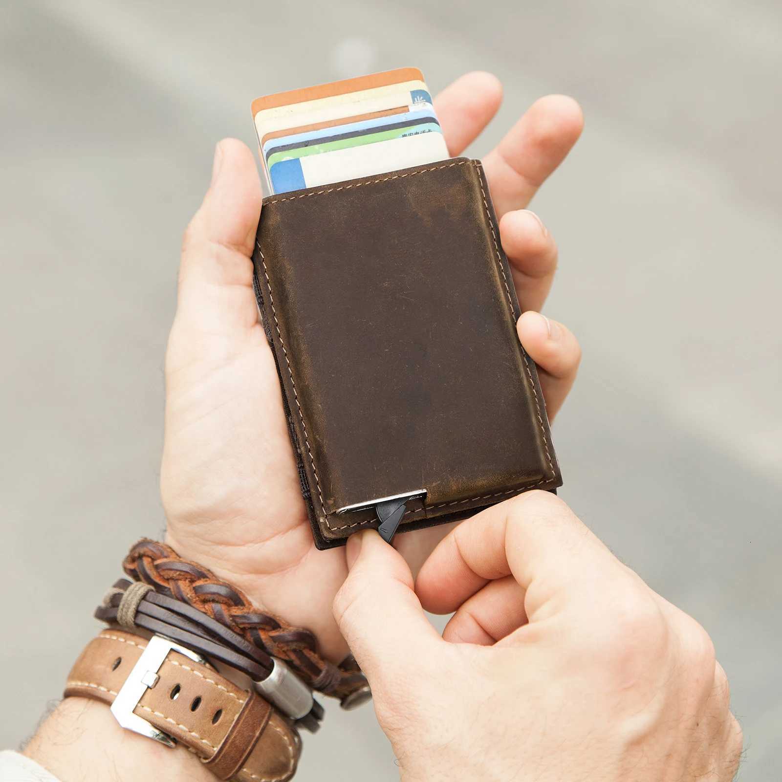 CONTACTS Genuine Leather Magic Wallets for Men RFID Holder Metal Slim Pop Up Minimalist Men Wallets Money Bag Purse Z250725