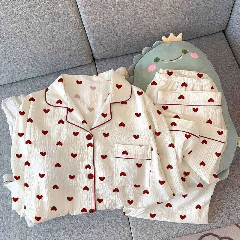 Designer Leisure High Quality Spring and Autumn New Women's Girl Love Cardigan Pamas Crinkled Fabric Loungewear Long Sleeve Set