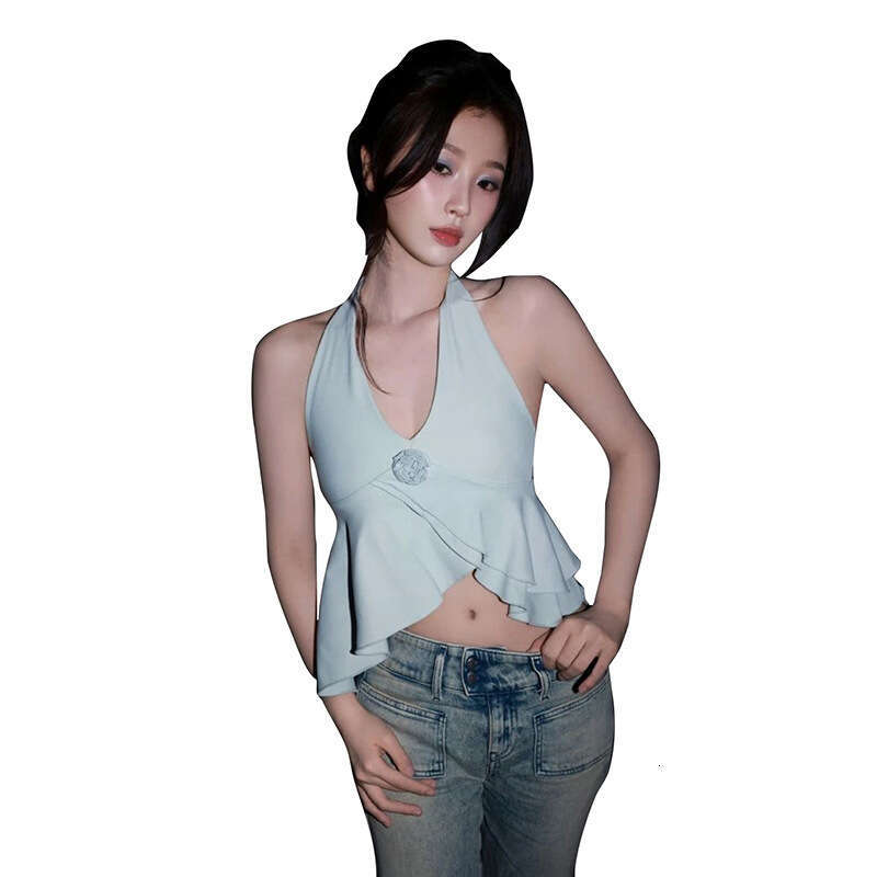 Women's Clothing 2025 Summer New Street Fashion Solid Color Sexy Halter Ruffle Tank Top for Women 8cf