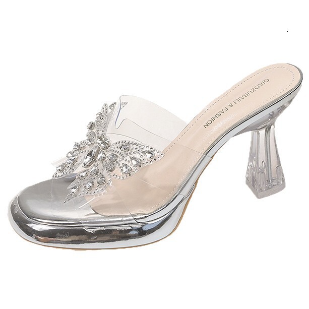 Ddmysports High For Women Summer Open Toe Transparent Chunky Heel Sandals Outdoor Waterproof Platform Rhinestone Bowknot One Strap Slippers Outdoor Sh