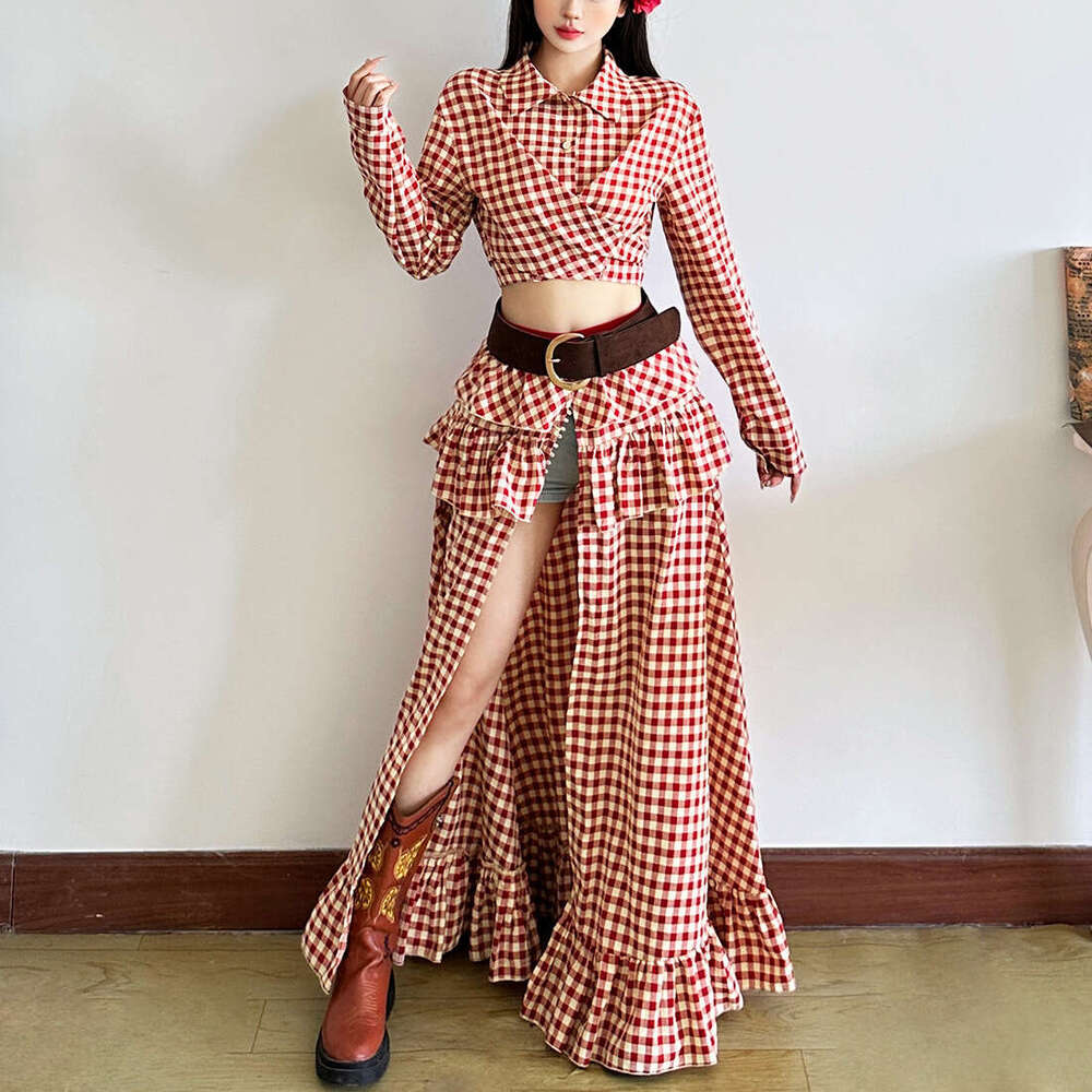 2025 Summer New Sleeve Waist-Exposing Fashion Trendy Top Irregular High-Slit Plaid Long Skirt abd