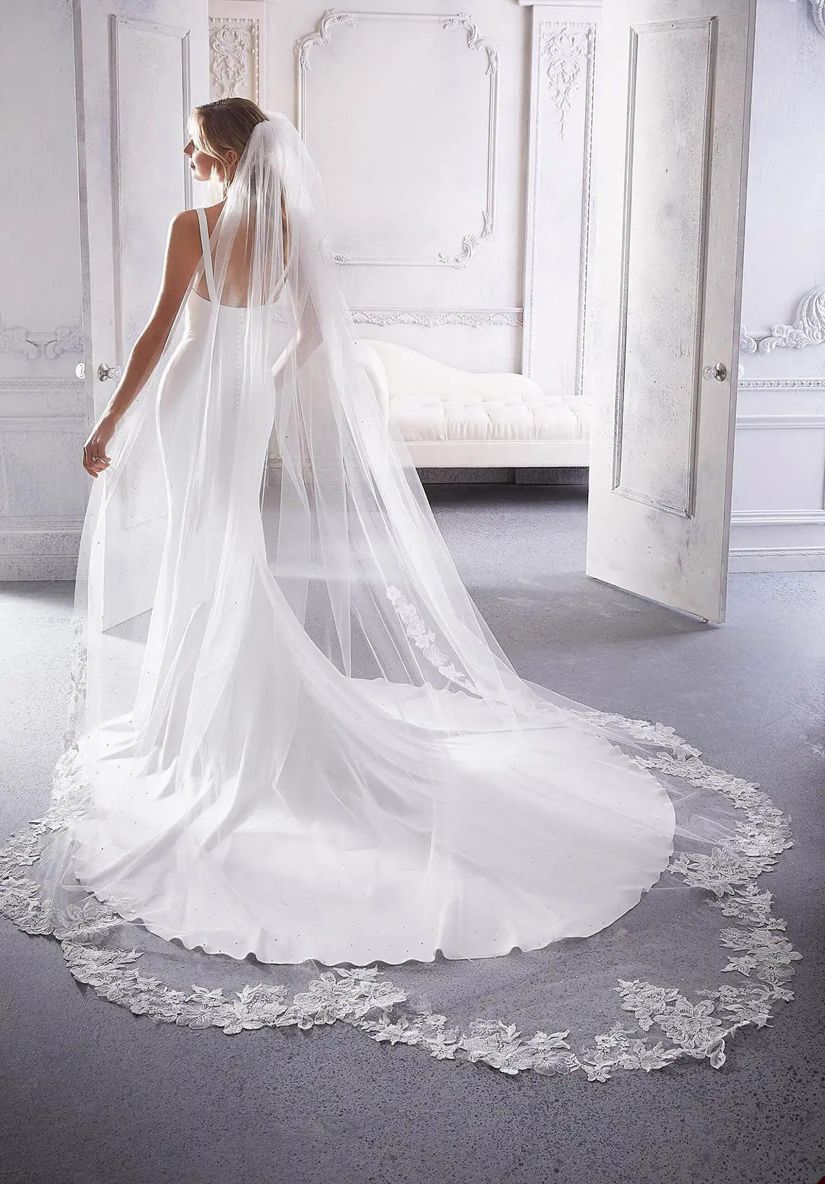 Princess Wedding Veil Beaded One Layer Long Cathedral Length Veils Lace Edge Velo De Cabeza For Bride Voile Customized