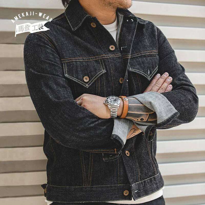 Maden Classic 14.8Oz Type III For Men Slim-Fit Denim Jacket Exposed Seam Patch Pocket Design Vintage Washed Dark Blue