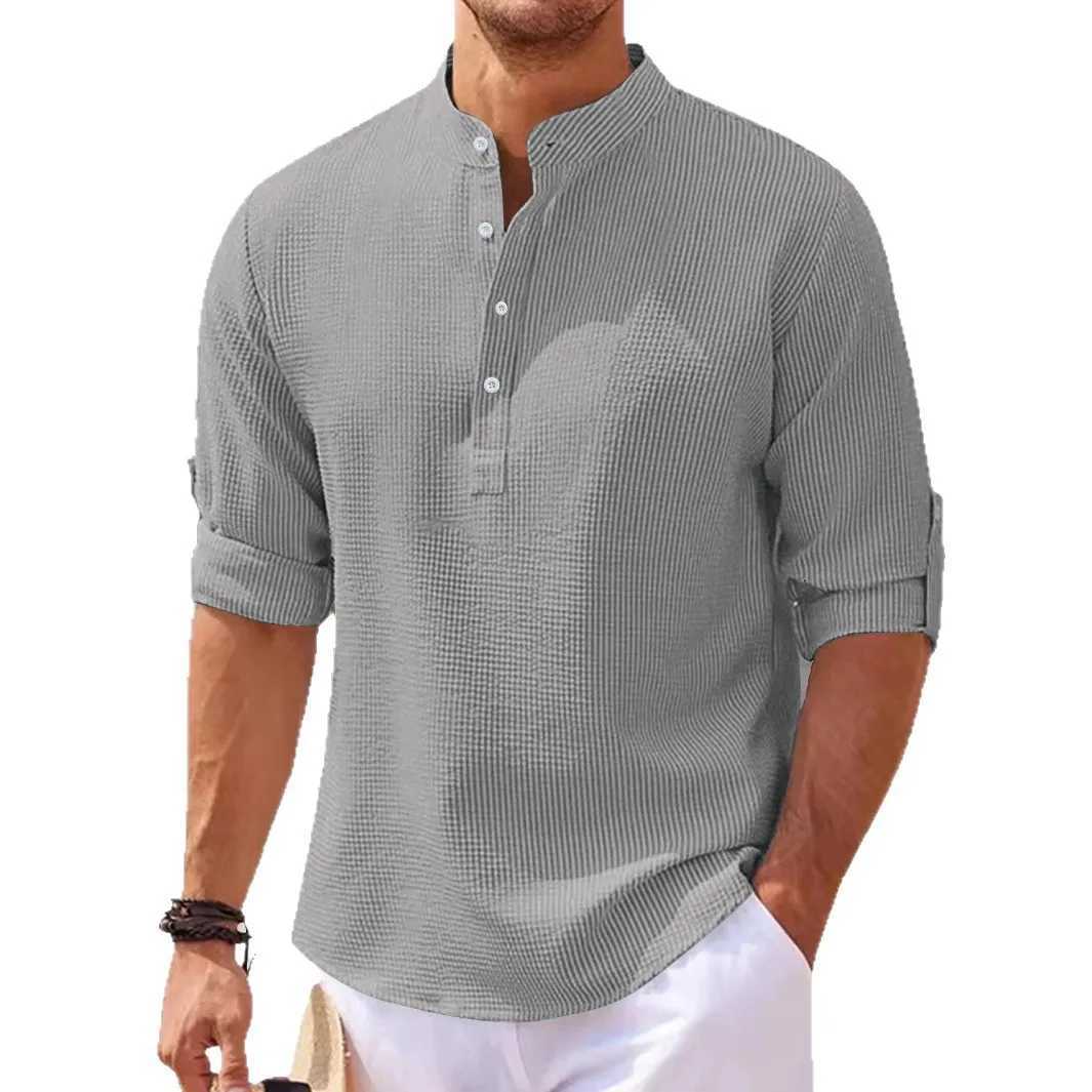 Summer Mens Medium Sleeve Polo Shirt Waffle Casual Loose Stand-Up Collar Button Polo Suit Mens XJ250725
