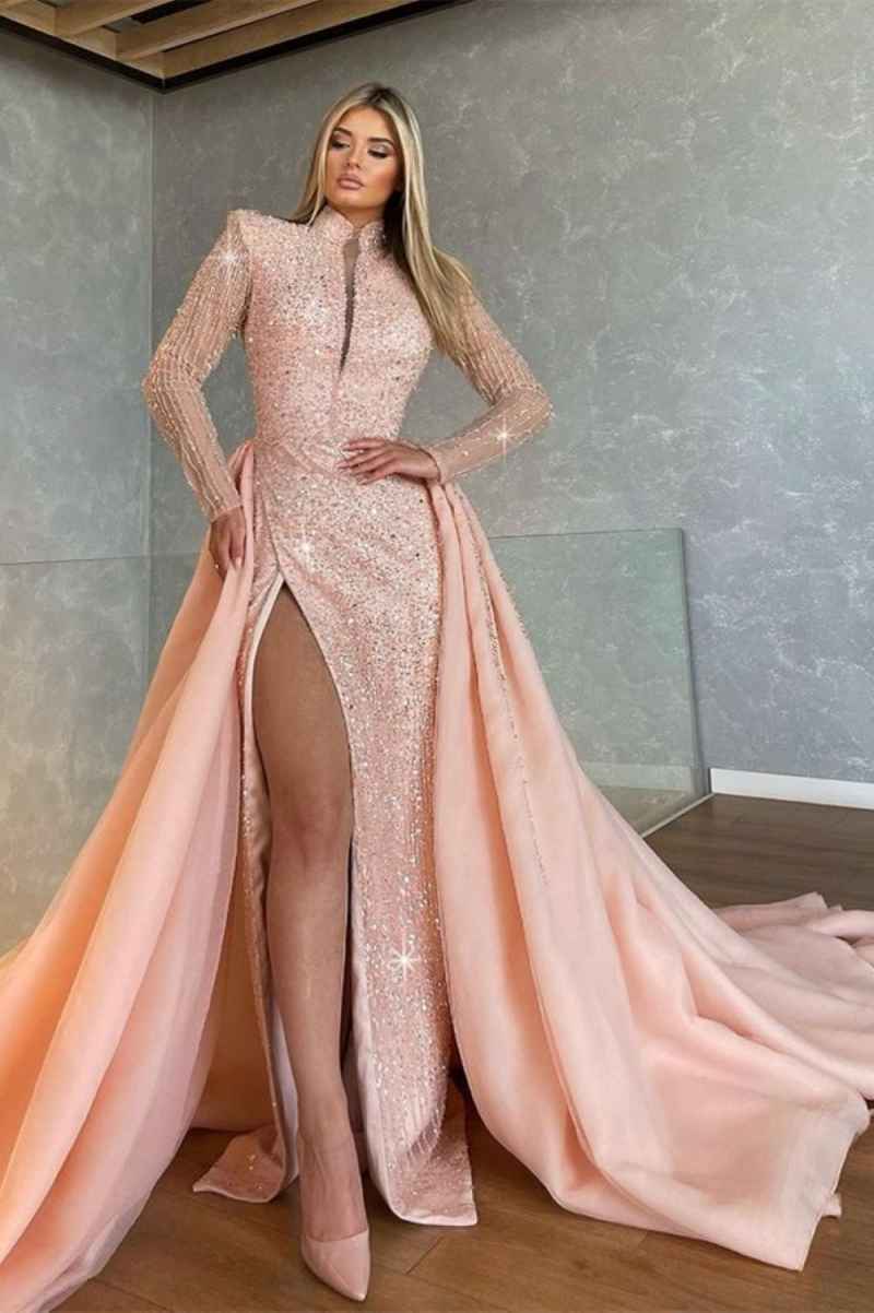 Blush Pink Mermaid Prom Dress With Detachable Train Sequined Beads Crystals High Neck Long Sleeve Evening Formal Party Birthday Customized