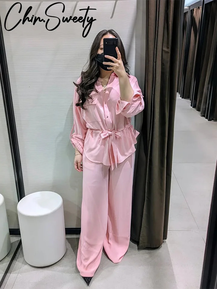 Summer Womens Outfit Casual Solid Shirt Pants Set Long Sleeve Lapel Single Breasted Wide Leg Drawstring Trouser 250723