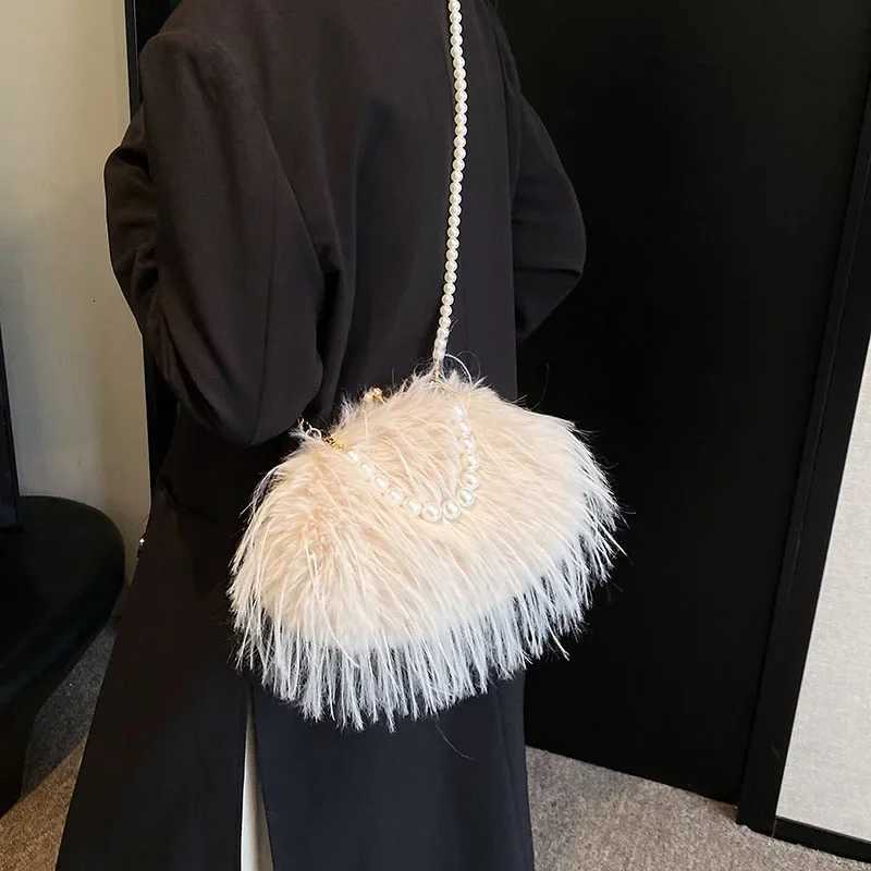 Small Soft Plush Beaded Shoulder Side Bag for Women 2025 Winter Fi Trend Design Handbags Club Bags Y250725