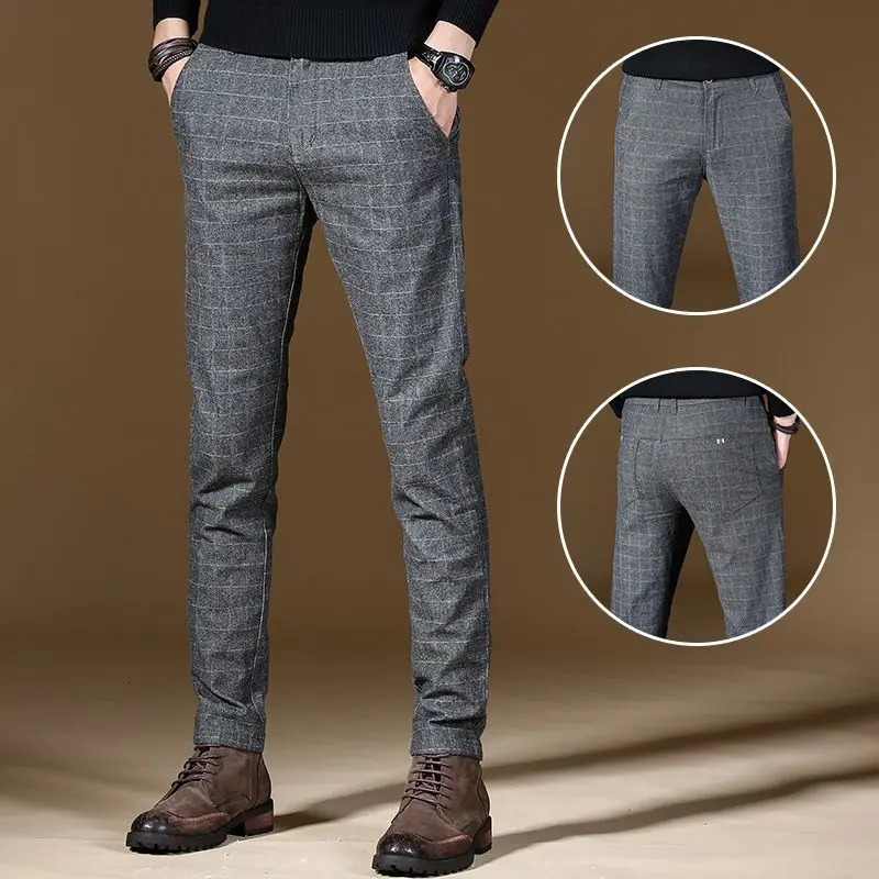 Male Suit Trousers Gray Plaid Check Straight Clothing Premium Mens Summer Pants Thin Casual Classic Slacks Dress Up 250725