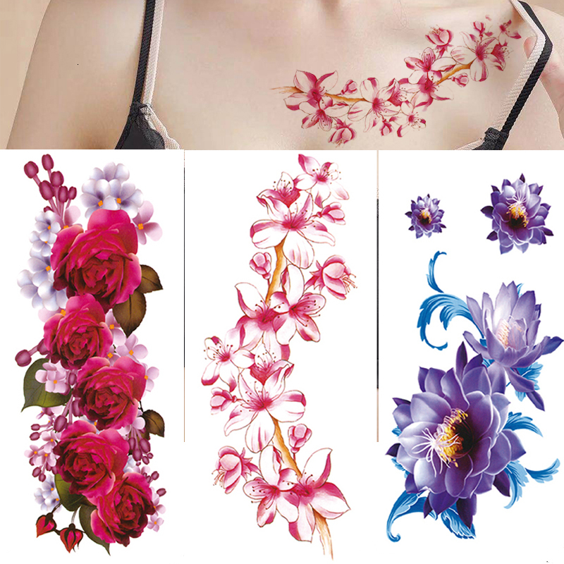 3Pcs Waterproof Temporary Tattoo Sticker Flower Rose Flash Butterfly Lace Lady Body Art Arm Fashion Fake Sleeve Women