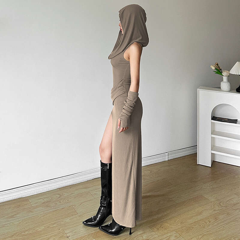 2024 Summer New Women's Solid Color Slim High Waist Fashion Hooded Sleeveless Split Dress f32