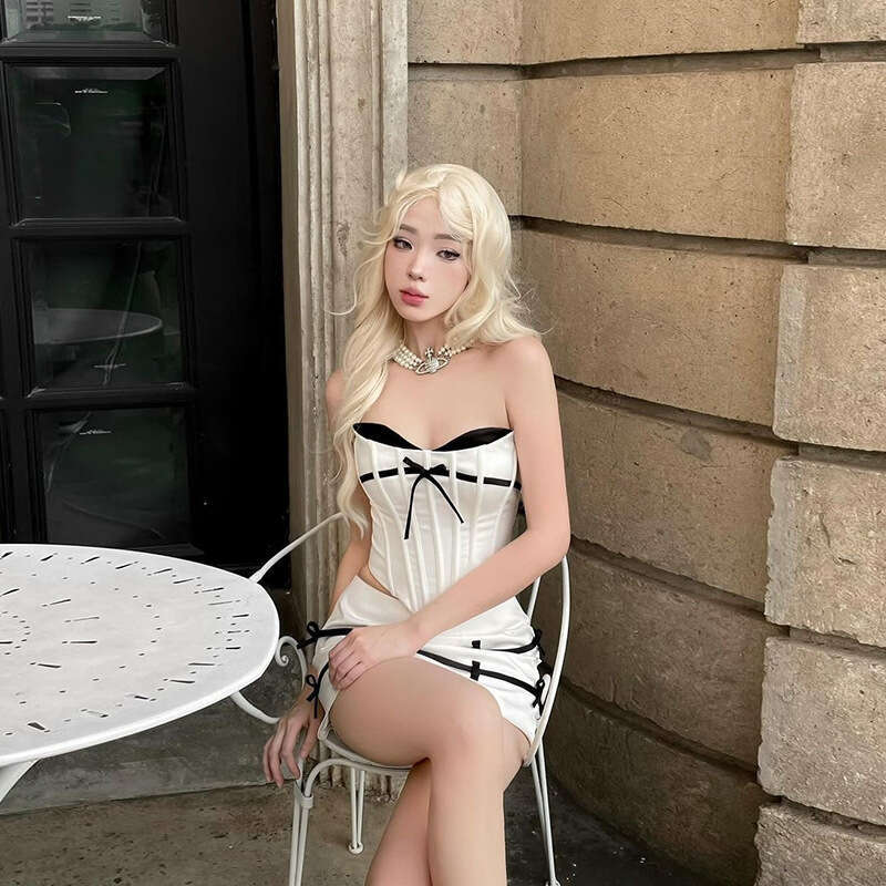 2024 Spring New Women's Solid Color Slim Fit Tube Top Vest Fashion High Waist Skirt Set 04b