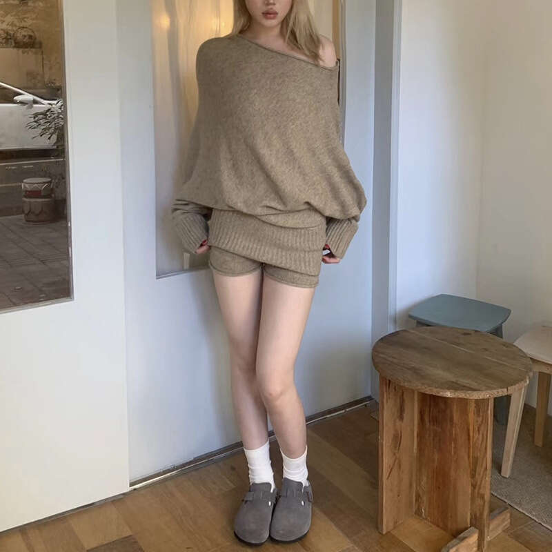 2024 Autumn New Women's Solid Color Loose Long Sleeve Top Fashion High Waist Shorts Set 6e5