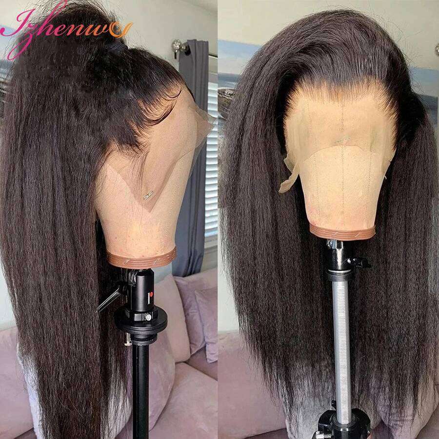 Transparent Kinky Straight Front Pre Plucked Yaki Brazilian 13X6 Lace Closure Human Hair Wig For Woman Natural Hairline