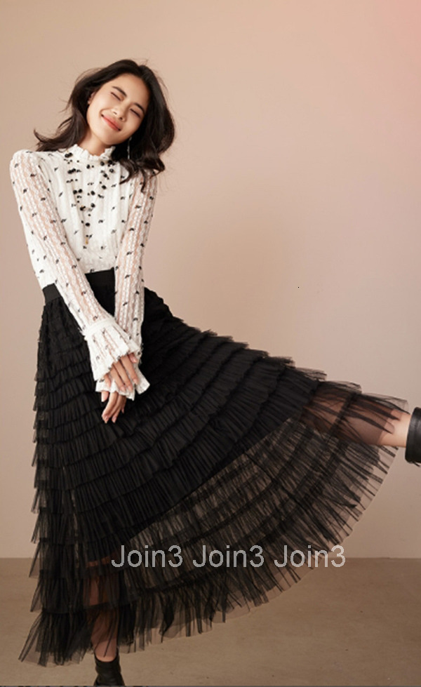 Summer New High Waist Mesh Mid-Length Skirt Fashion A-Line Skirt Versatile Black Tiered Skirt 1611