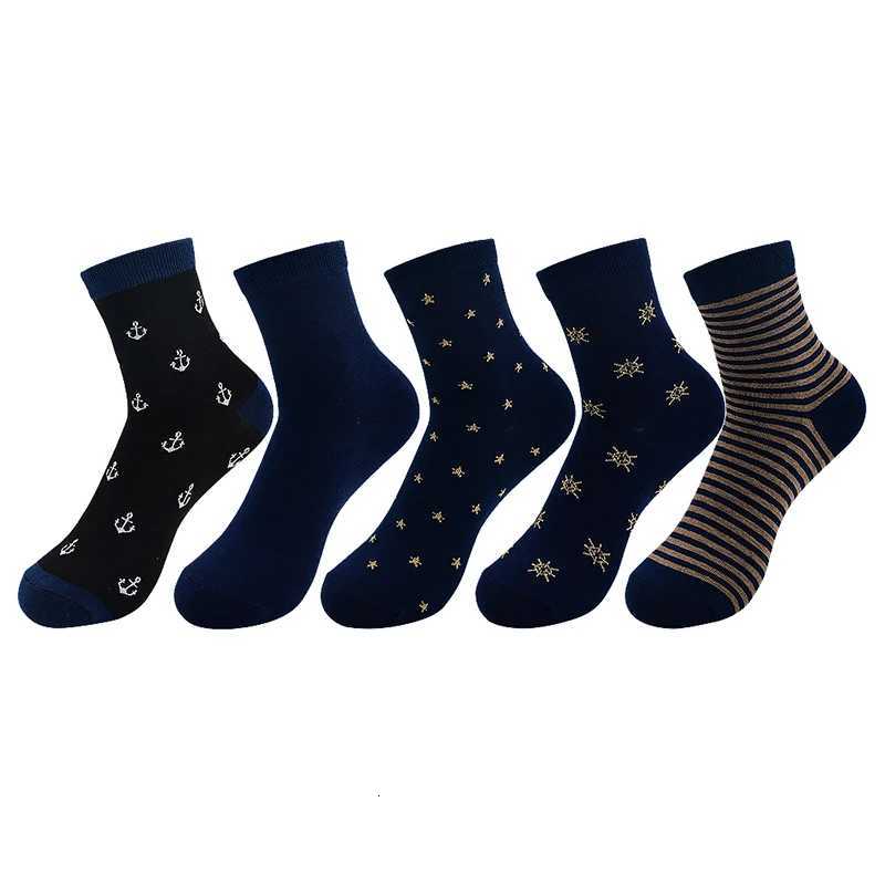 5 Pairs Men Socks Navy Colors Spring Autumn Solid Stripe Anchor Star Rudder Cotton Socks Business Casual Sport Socks Dropship X250725